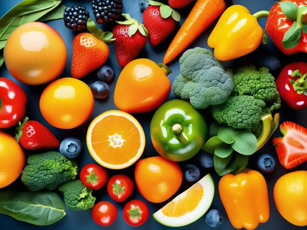 Una variedad de frutas y verduras frescas, con colores vibrantes y gotas de agua brillantes. <b>Representación visual apetitosa de una alimentación saludable para niños.