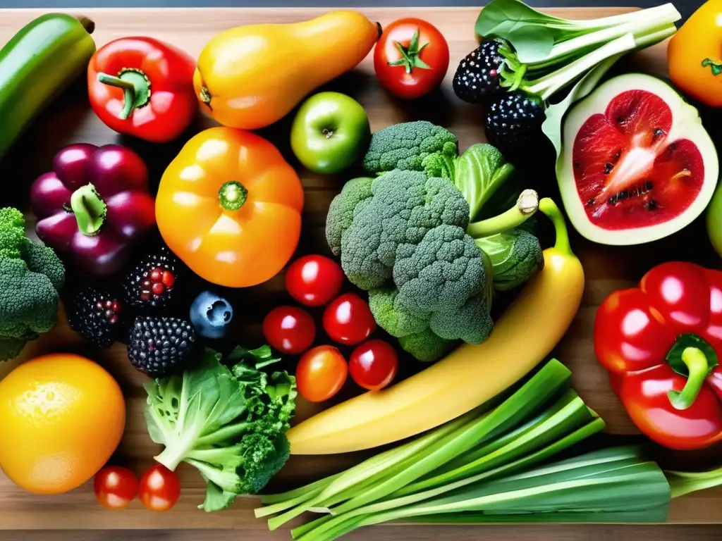 Una variedad de frutas y verduras frescas sobre tabla de cortar de madera. <b>Gotas de agua brillan en la comida.</b> <b>Menús semanales para dieta anticáncer.