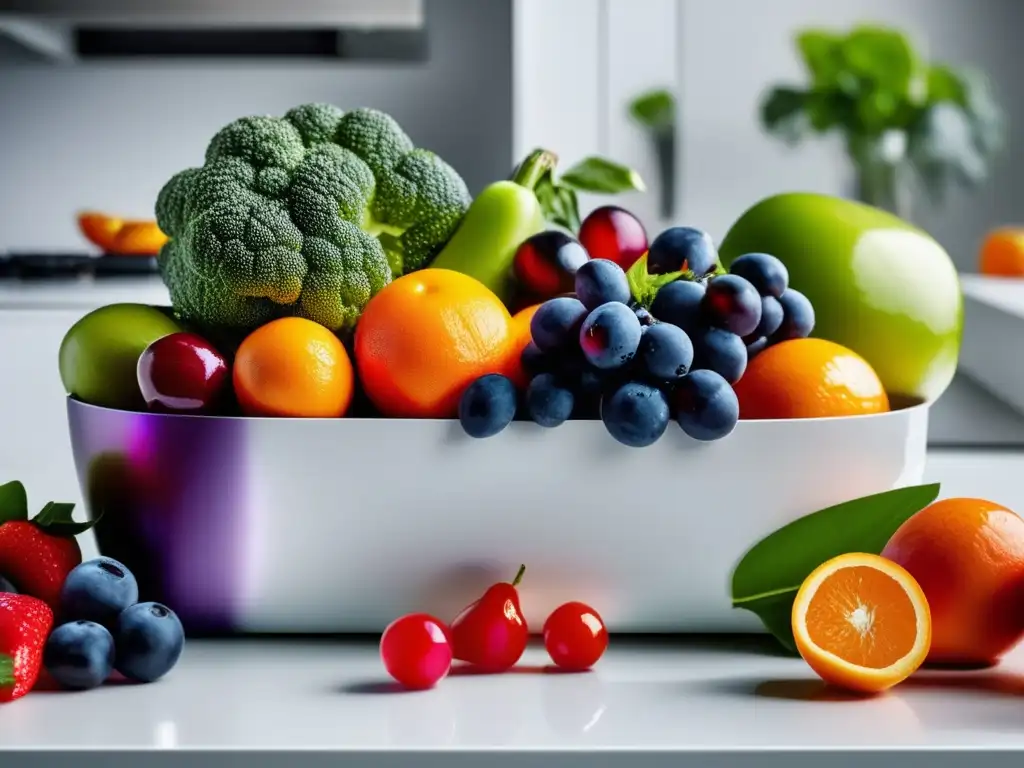 Una variedad de frutas y verduras frescas, brillantes y coloridas en una encimera de cocina blanca. <b>La imagen exuda salud, frescura y vitalidad, ideal para 