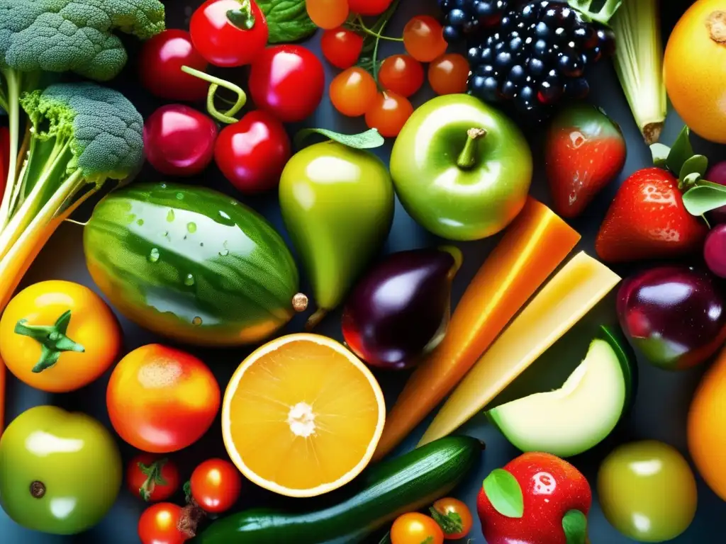 Una variedad de frutas y verduras orgánicas frescas, resplandecientes bajo la suave luz matutina. <b>Importancia de alimentos funcionales sostenibles.