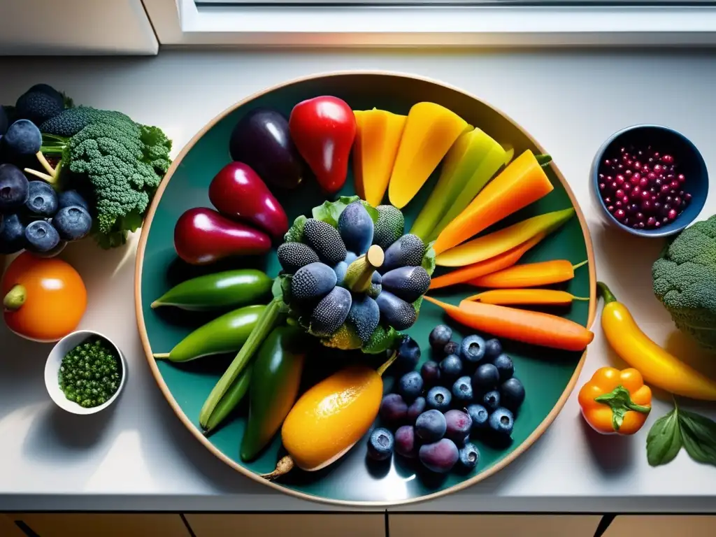 Una variedad de frutas y verduras vibrantes dispuestas en un patrón circular en un mostrador de cocina moderno, resaltando la importancia de consumir antioxidantes para la salud cerebral.
