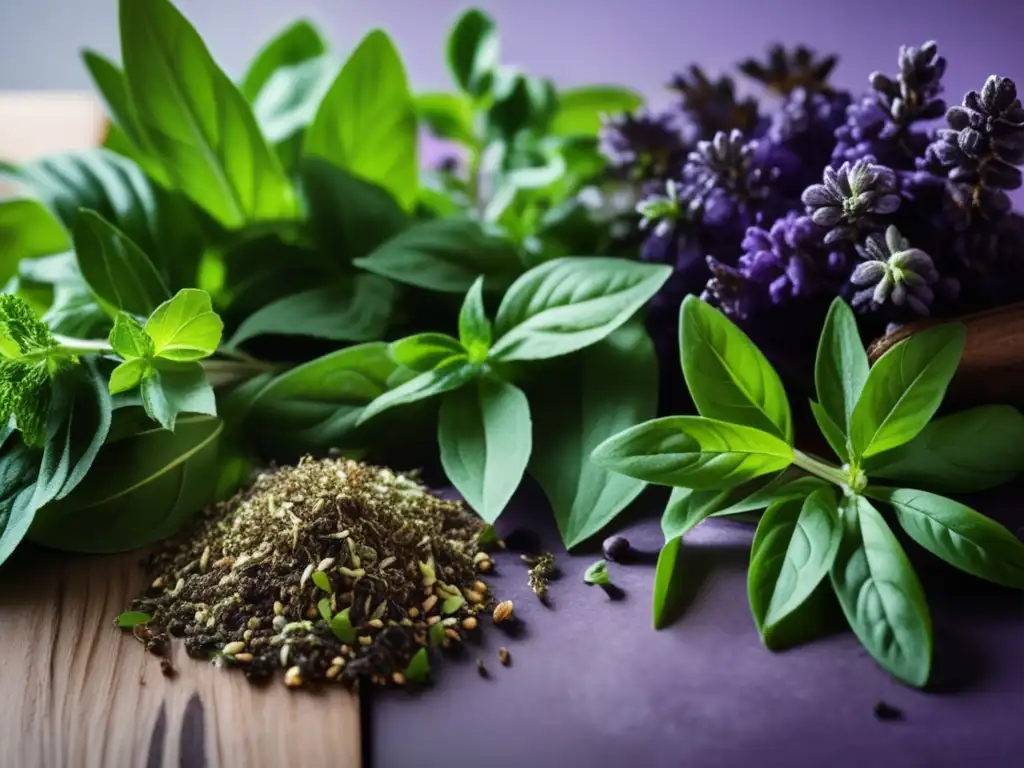 Una variedad de hierbas y plantas recién cosechadas, coloridas y frescas, organizadas en una cocina moderna. Las hojas de albahaca, menta y cilantro contrastan con el color morado de las ramitas de lavanda y el marrón de las raíces de ginseng. La imagen transmite