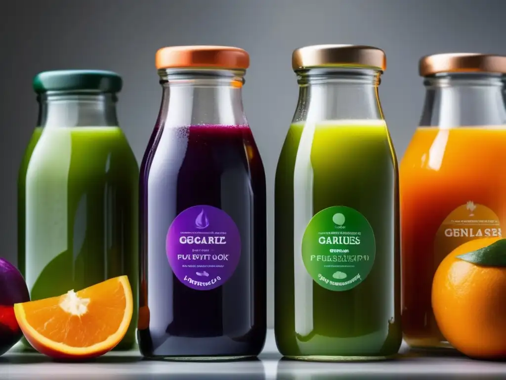 Una variedad de jugos de frutas y verduras recién exprimidos, en botellas de vidrio sobre una encimera moderna. Los colores vibrantes y beneficios del ayuno intermitente con jugos se reflejan en las etiquetas escritas a mano.