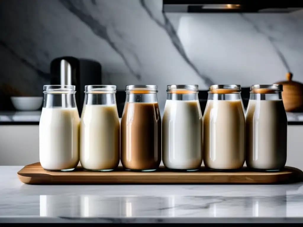 Una variedad de sustitutos para intolerancia a la lactosa como leche de almendra, soja, avena y coco en un elegante entorno de cocina moderna.