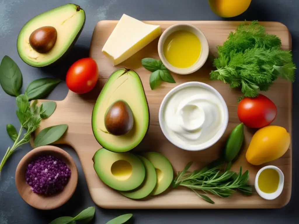 Una variedad de sustitutos saludables de mantequilla como aguacate, aceite de oliva y yogur griego, rodeados de hierbas frescas y vegetales coloridos en una tabla de cortar de madera.