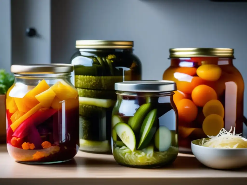 Una variedad de vegetales fermentados en frascos de vidrio, exhibiendo colores vibrantes y burbujeo natural. <b>Beneficios de alimentos fermentados.