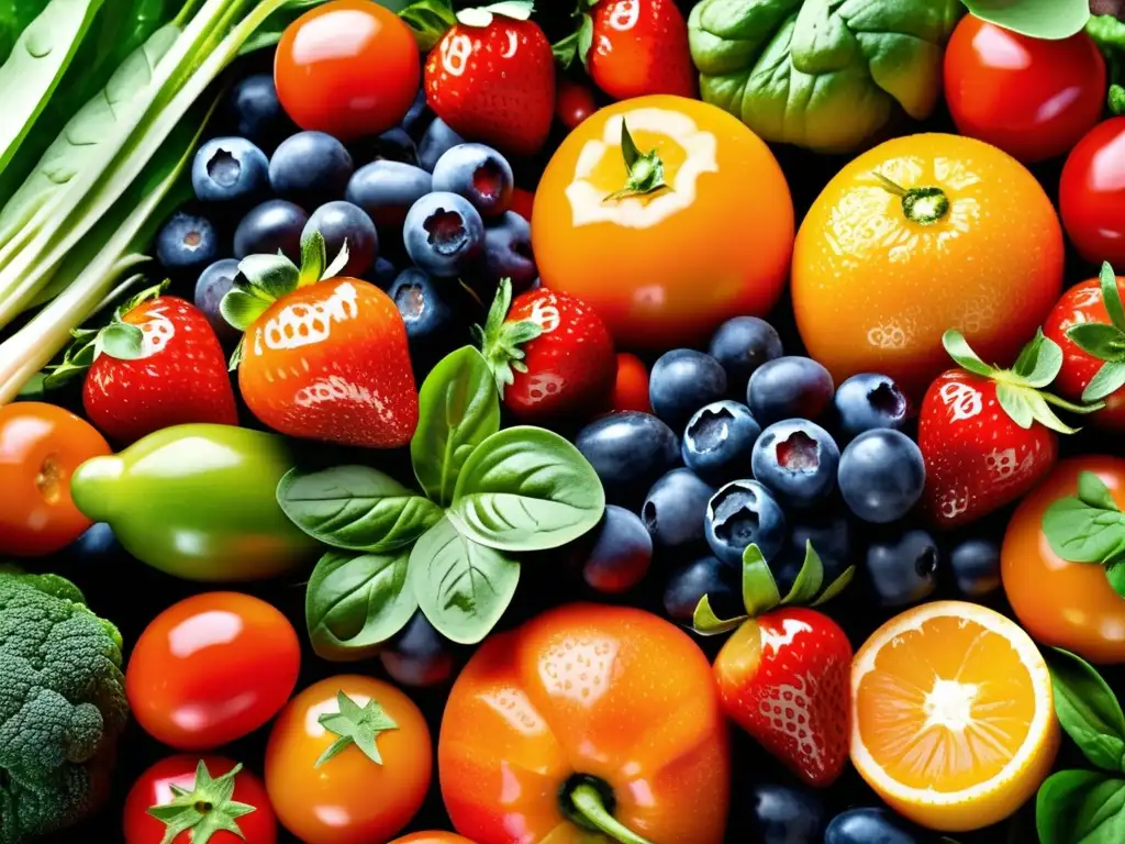Una variedad vibrante y fresca de frutas y verduras, con colores y texturas detalladas. <b>Estrategias alimentarias para controlar la diabetes tipo 1.