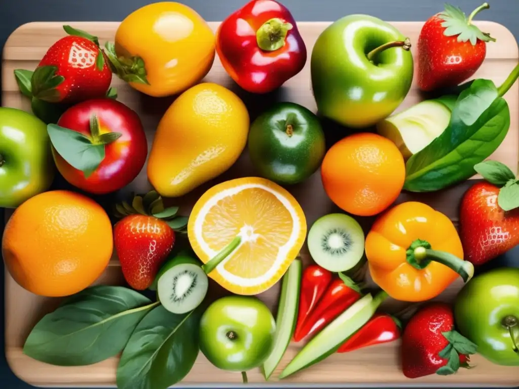 Una variedad vibrante de frutas y verduras frescas en tabla de cortar, evocando frescura y salud. <b>Guía nutricional para controlar diabetes tipo 2.