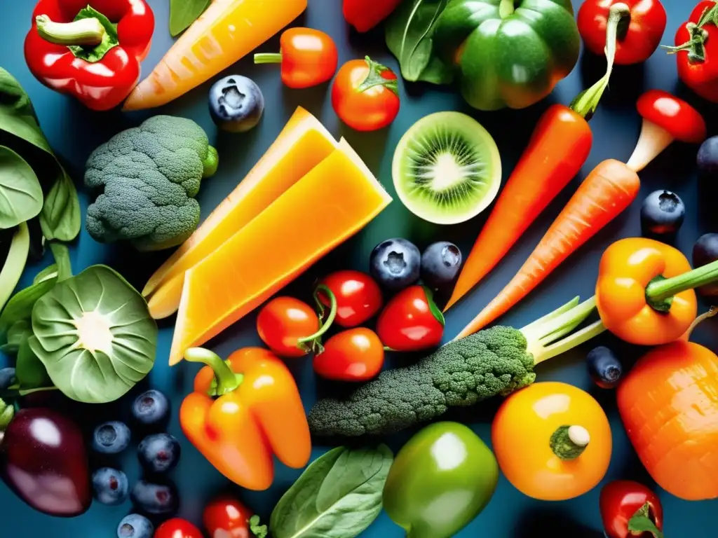 Una variedad vibrante de frutas y verduras frescas con gotas de agua, ideal para suplementos para mejorar la visión en mayores.
