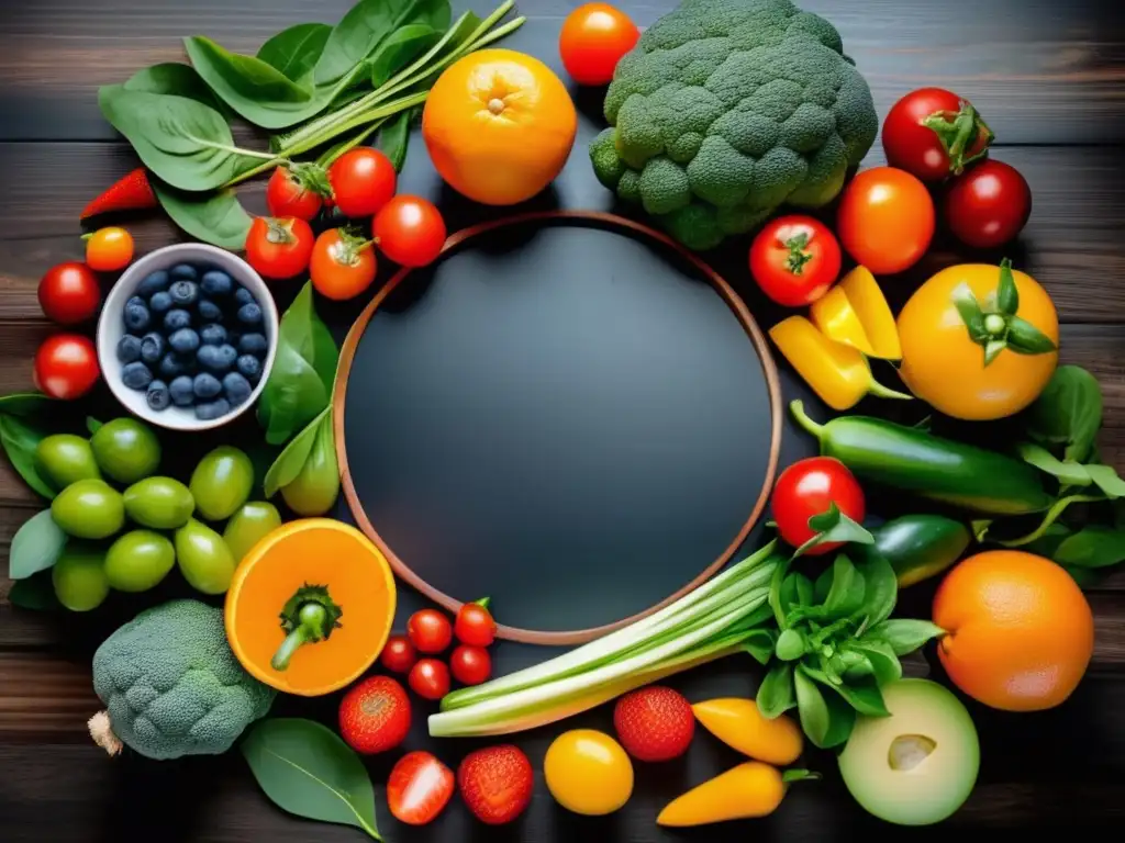 Una variedad vibrante de frutas y verduras frescas dispuestas en círculo sobre una mesa de madera oscura, bañadas por la luz natural. Estos alimentos para fortalecer la resiliencia emocional transmiten vitalidad y bienestar.