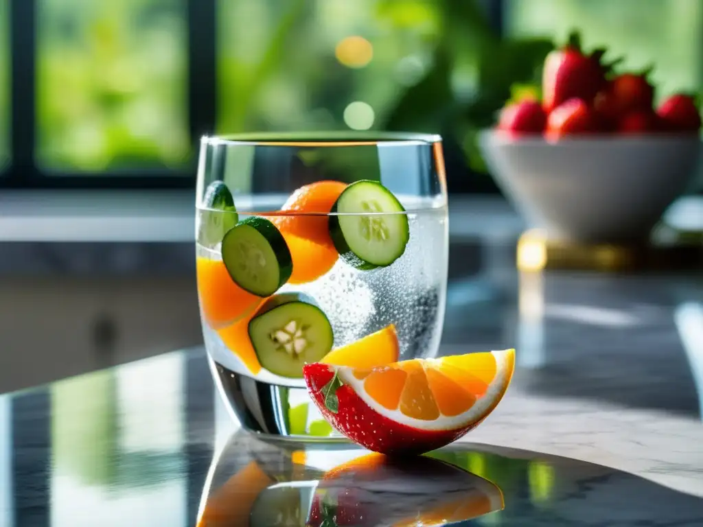 Un vaso de agua cristalina sobre una encimera de mármol, rodeado de frutas frescas. <b>La luz del sol crea un espectáculo de brillo y sombra.</b> <b>Importancia del agua en dieta.