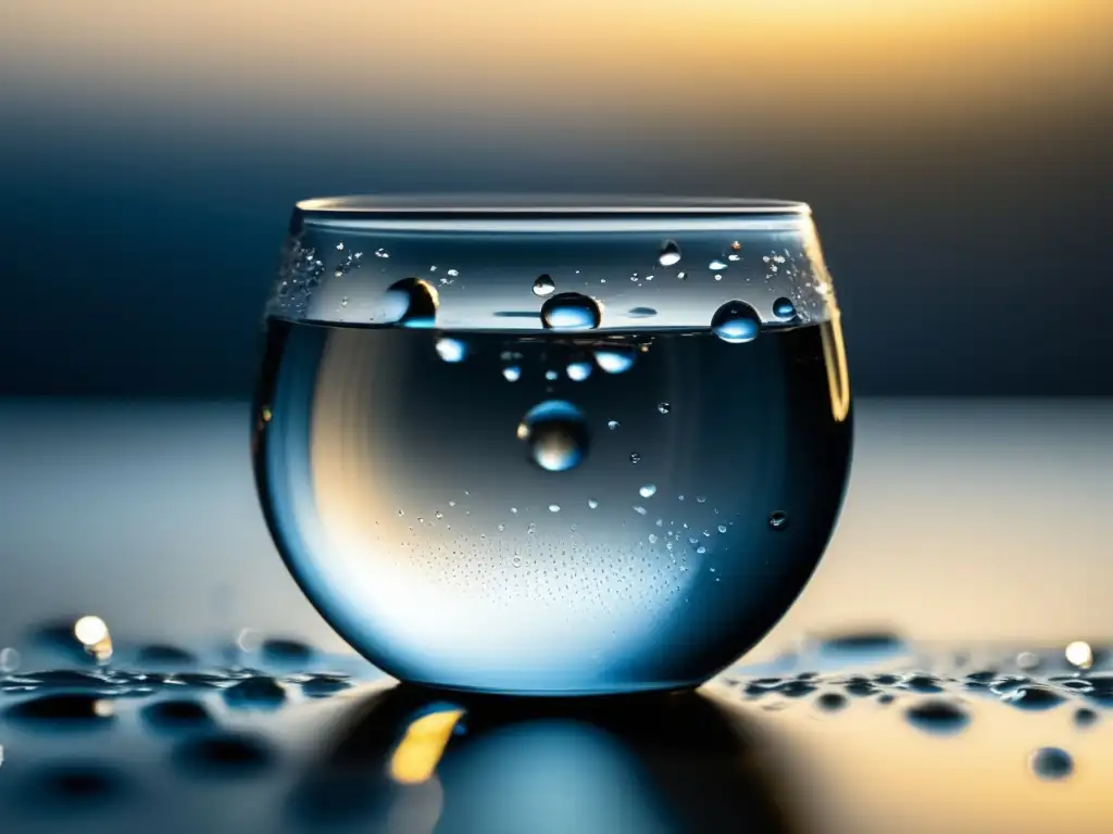 Un vaso de agua cristalina con gotas de condensación, reflejando su entorno. <b>La luz suave resalta su pureza y frescura.</b> <b>Importancia del agua en dieta.