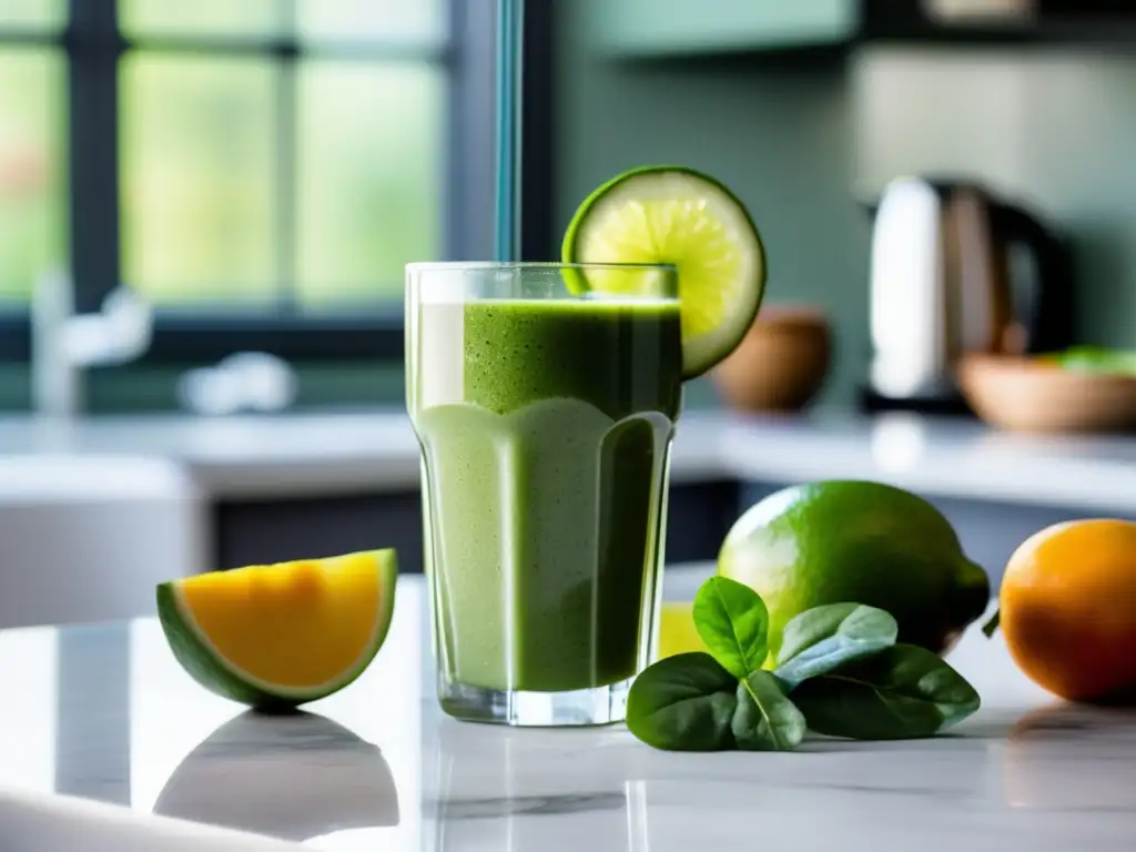 Un vaso alto y transparente con un batido verde vibrante, decorado con semillas de chía y una rodaja de lima, rodeado de frutas y verduras frescas. La luz del sol ilumina la escena, creando una imagen visualmente impresionante y apetitosa. Recetas de batidos verdes