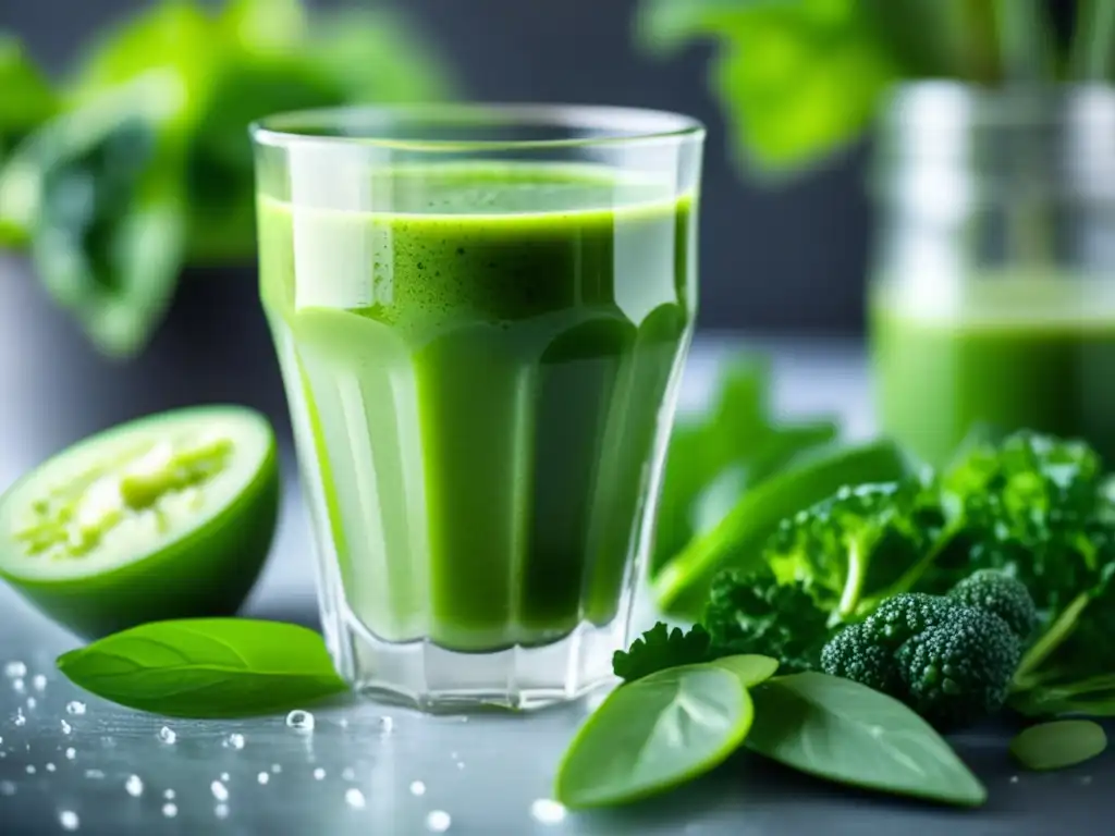 Un vaso transparente con un vibrante batido verde de sirtfoods, resaltando la frescura y efectividad de la dieta sirtfood de Adele.