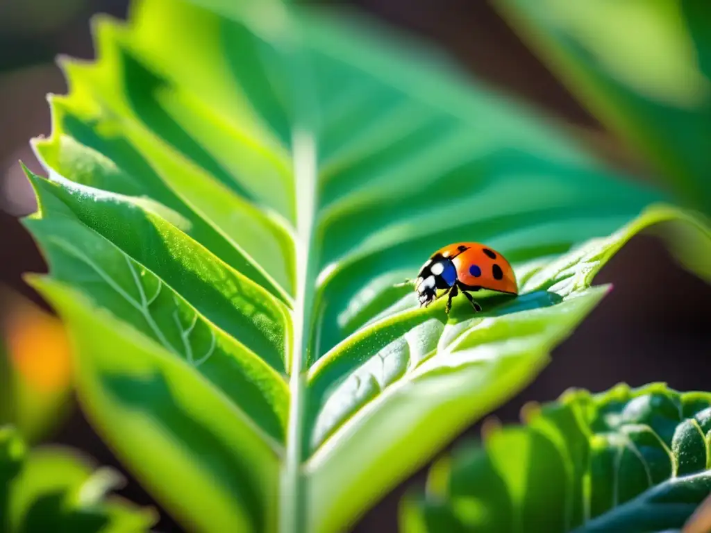 Un jardín de vegetales vibrante y exuberante, con detalles meticulosos y luz solar filtrándose a través de las hojas. <b>Una mariquita descansa delicadamente en una hoja.</b> Muestra la belleza natural de una dieta basada en plantas sostenible.