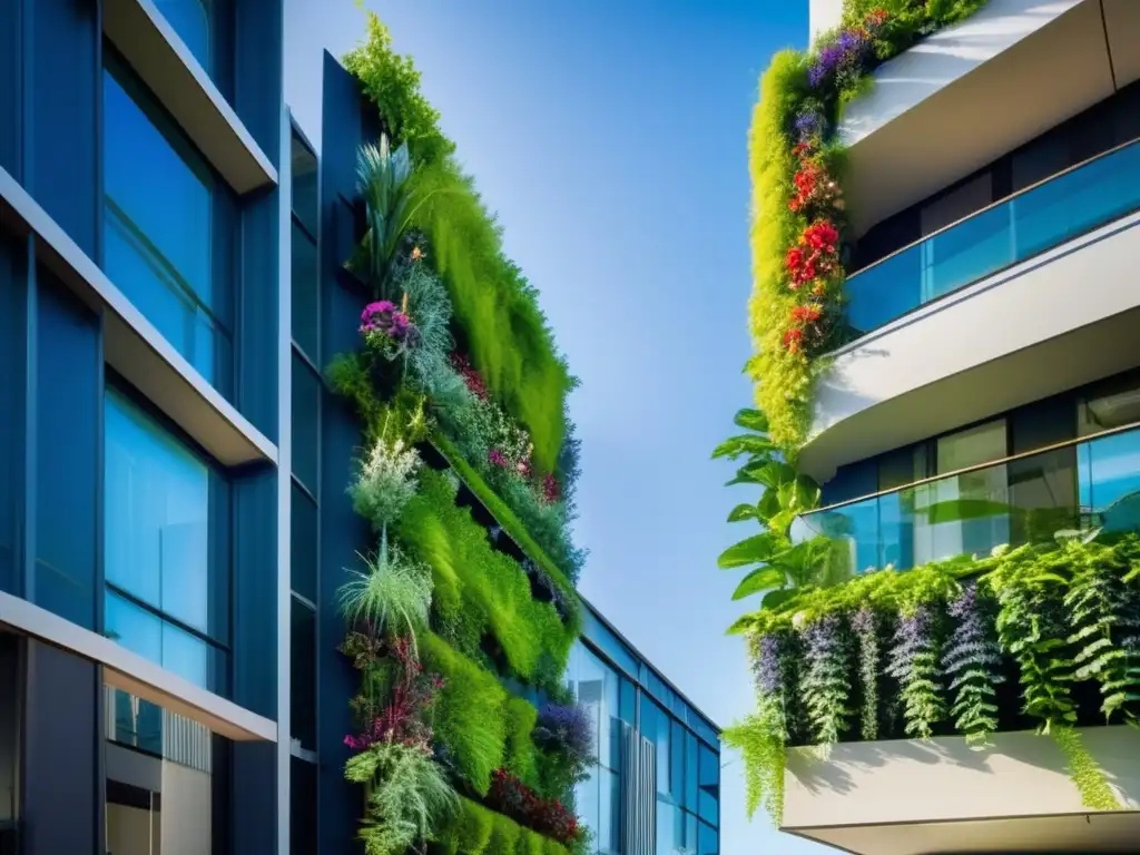 Un jardín vertical exuberante y vibrante en una fachada moderna, mostrando la armonía entre la naturaleza y la infraestructura urbana. <b>Beneficios dieta vegetariana cambio climático.