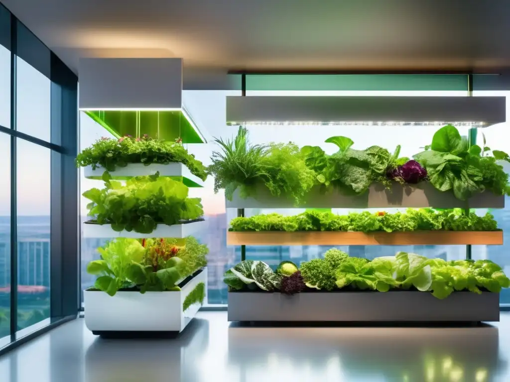 Un jardín vertical exuberante y vibrante de hidroponía y aeroponía para hortalizas, con un diseño contemporáneo y sostenible.