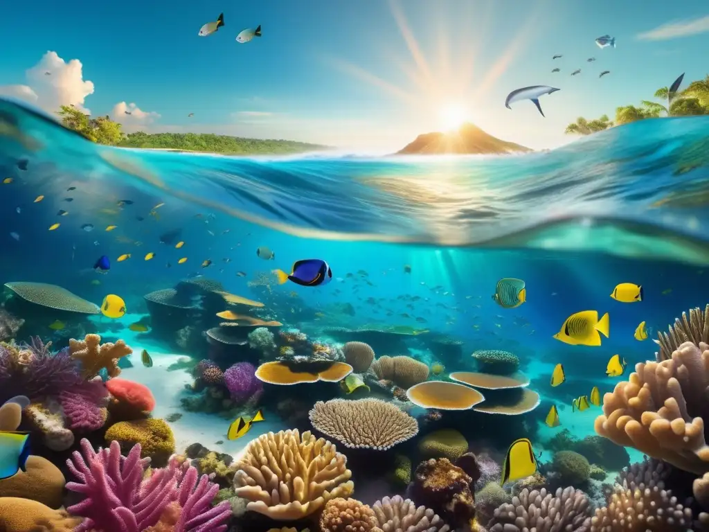 Un vibrante arrecife de coral en un océano cristalino, lleno de vida marina. <b>Impacto de la dieta acidificación océanos.