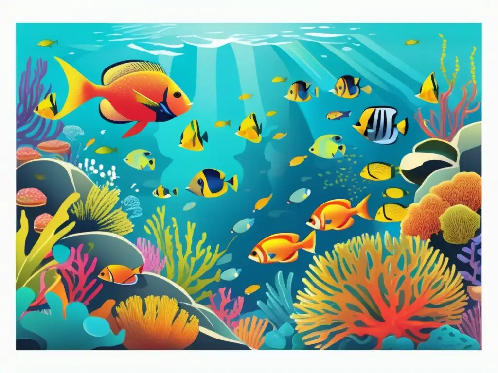 Arrecife de coral vibrante: belleza submarina Un vibrante arrecife de coral con peces coloridos y vida marina, resaltando la importancia de preservar la salud de los océanos y el impacto de la dieta en la acidificación.