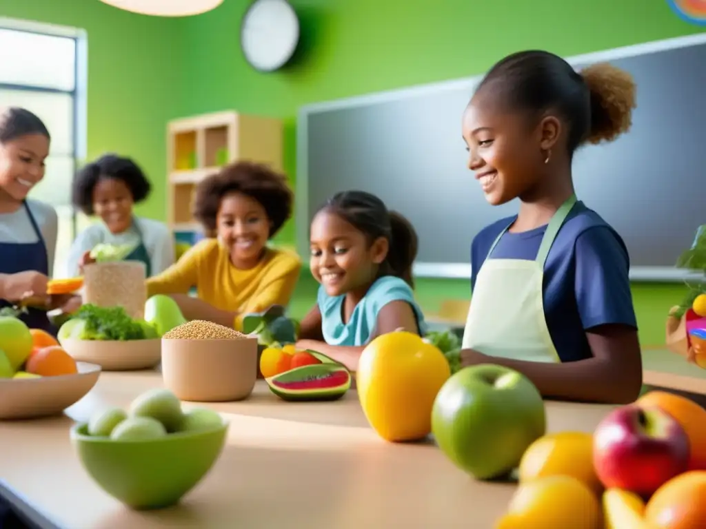 'Vibrante aula de nutrición con estudiantes diversos participando en un taller de nutrición sostenible y educación alimentaria'.