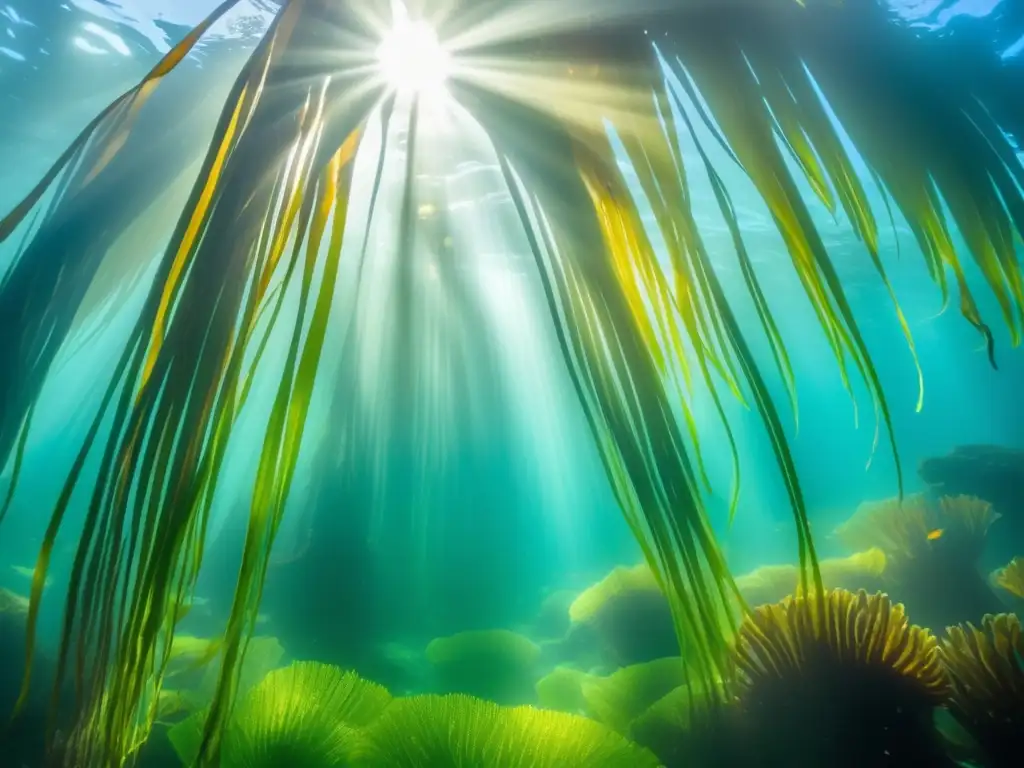 Un vibrante bosque de algas submarino iluminado por el sol, mostrando la belleza natural y los beneficios de las algas en alimentación.