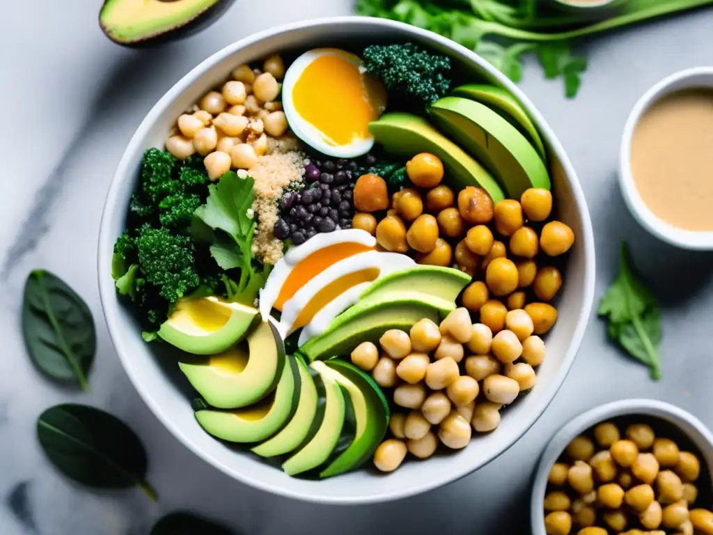 Un vibrante Buddha bowl con superalimentos ricos en proteínas vegetarianos, en un elegante mostrador de mármol.