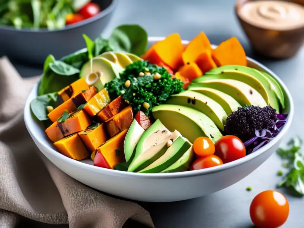 Un vibrante Buddha bowl vegano con verduras frescas y deliciosa vinagreta tahini. <b>Alternativas veganas para platos favoritos.