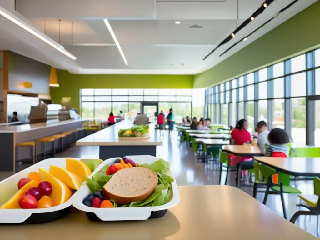 'Vibrante cafetería escolar con opciones saludables, estudiantes felices y carteles motivacionales. <b>Consejos para menús escolares saludables.'