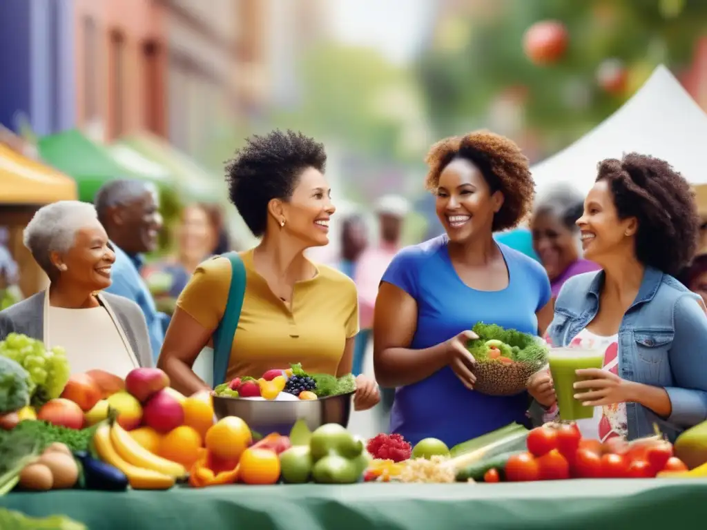 Una vibrante campaña de concienciación nutricional con diversas personas participando en actividades saludables en un entorno urbano. <b>Campañas de concienciación efectivas nutrición.