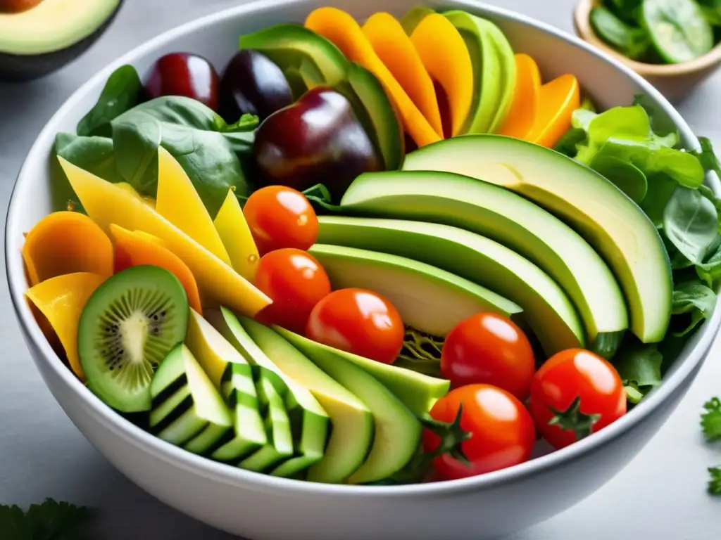 Una vibrante y colorida ensalada de cocina fusión alimentación consciente, con ingredientes frescos resaltando sus texturas y colores.