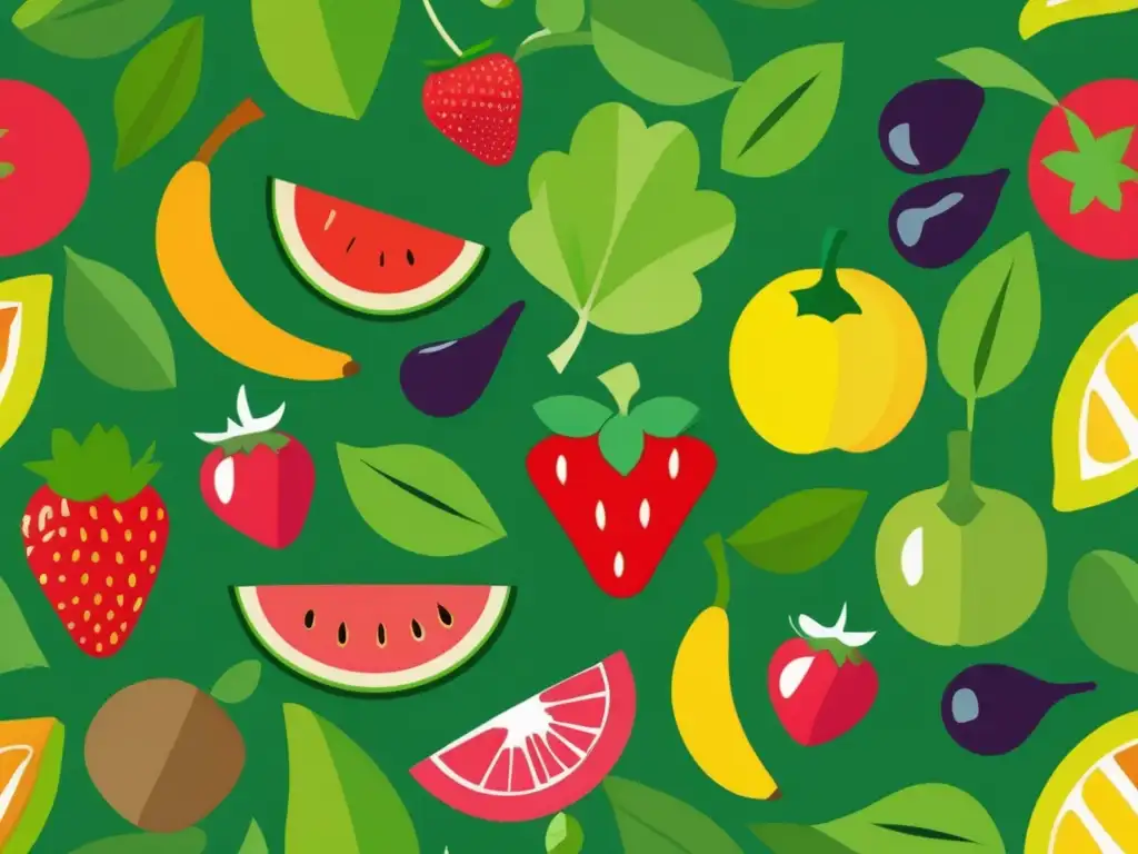 Una ilustración vibrante y colorida de frutas y verduras frescas, destacando la diversidad de opciones para una alimentación saludable de los niños.