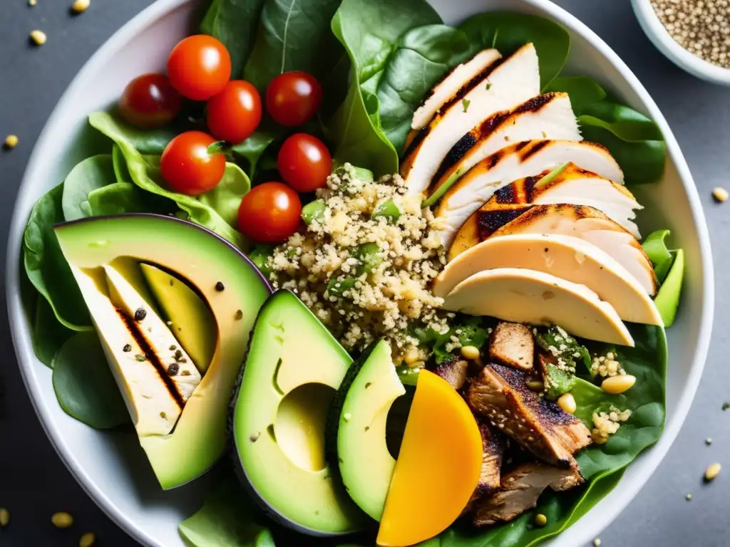 Un vibrante y colorido tazón de ensalada con ingredientes frescos y nutritivos. <b>Errores alimentación diabéticos evitar.