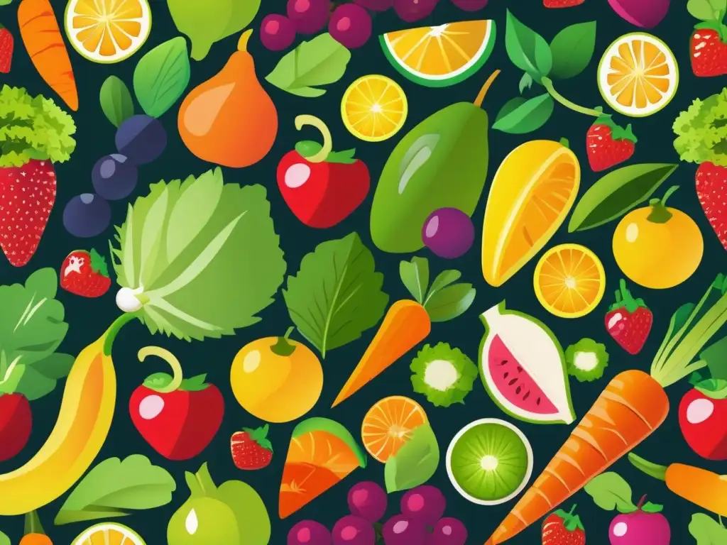 Una ilustración vibrante y detallada de frutas y verduras coloridas, exudando frescura y abundancia. <b>Nutrientes esenciales para crecimiento preescolar.