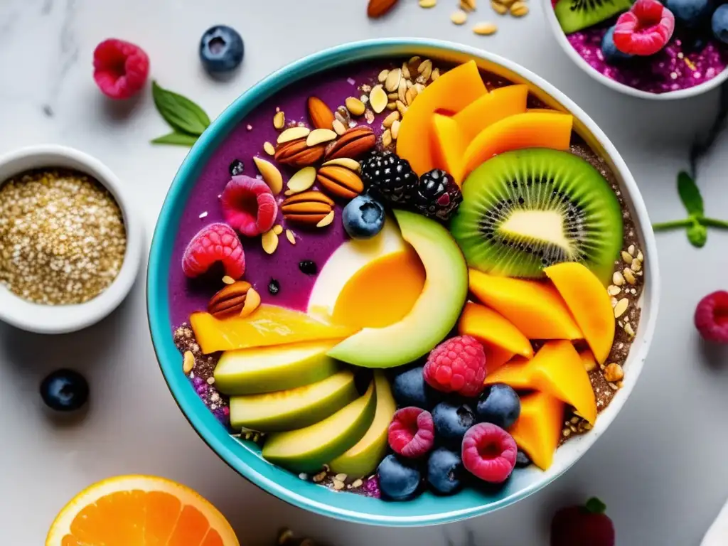 Una vibrante y detallada imagen de un tazón de smoothie con frutas frescas, nueces, semillas y miel, sobre una elegante encimera de mármol. <b>Integración de superalimentos en recetas.