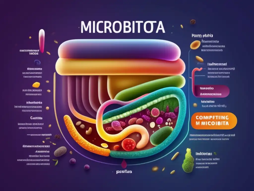 Una ilustración vibrante y detallada del microbiota intestinal humano, mostrando la diversidad de bacterias y microorganismos interactuando con partículas de alimentos, resaltando la compleja relación entre la dieta y el microbiota intestinal. Esta ilustración moderna y científica destaca la importancia de la dieta para mejorar