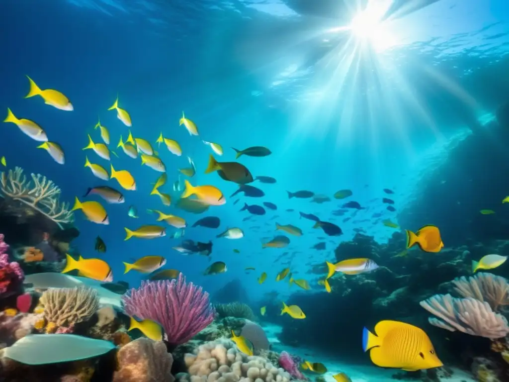 Un vibrante ecosistema marino con peces coloridos y arrecifes de coral saludables. <b>Transmite armonía y la belleza de la pesca sostenible.