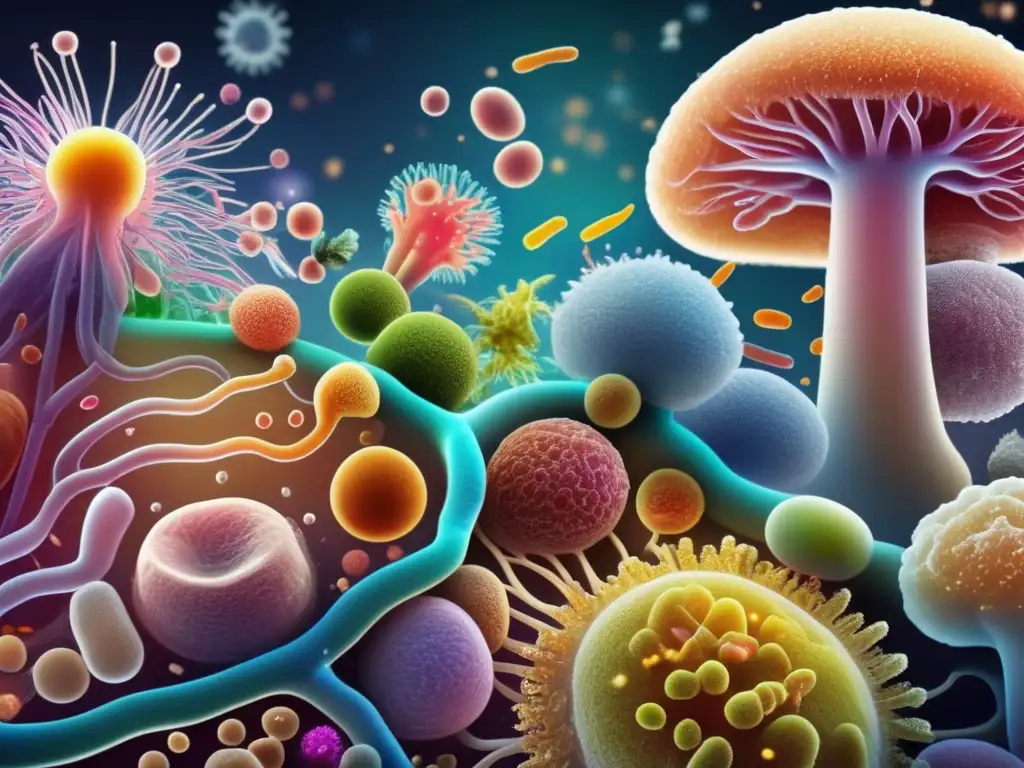 Un vibrante ecosistema de microorganismos en el intestino humano, influenciando la salud intestinal y la microbiota.