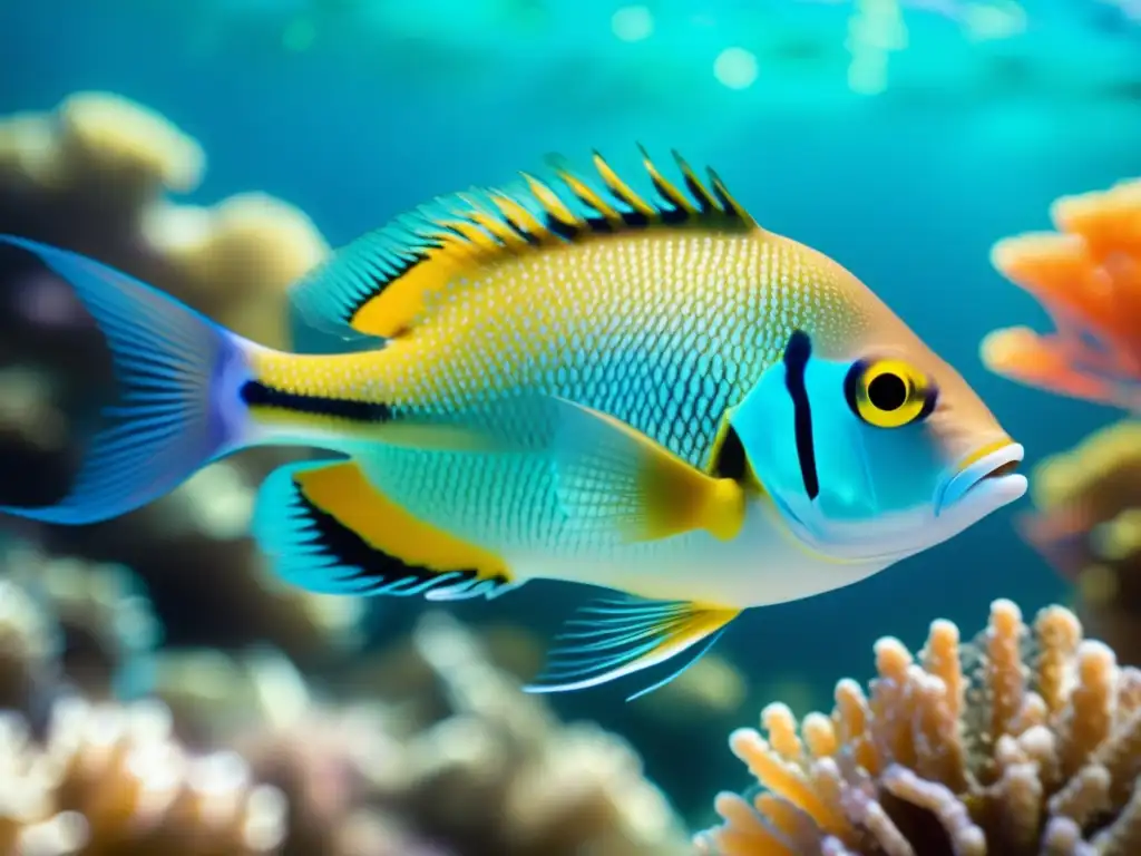 Un vibrante ecosistema submarino con peces sostenibles cómo identificar, corales y vida marina en aguas turquesas.