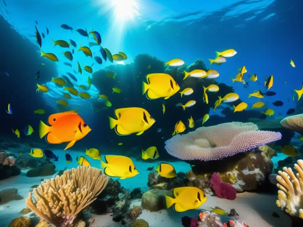 Refulgente escuela de peces tropicales entre coral vibrante
