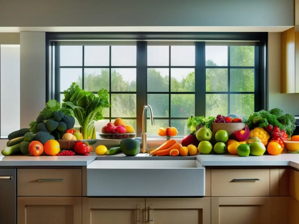 Una vibrante exhibición de frutas y verduras frescas en una cocina moderna, iluminada por la luz natural. <b>Alimentación para fortalecer la mente.