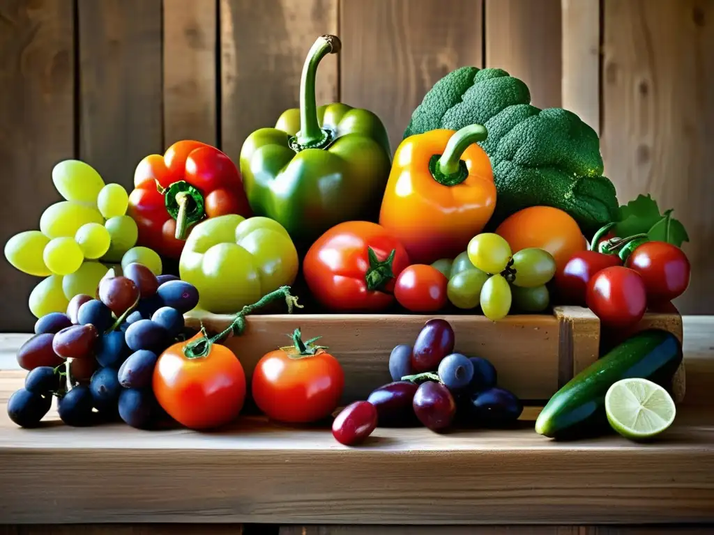 Una vibrante exhibición de frutas y verduras mediterráneas frescas en una mesa rústica, iluminada naturalmente. <b>Beneficios de la dieta mediterránea.