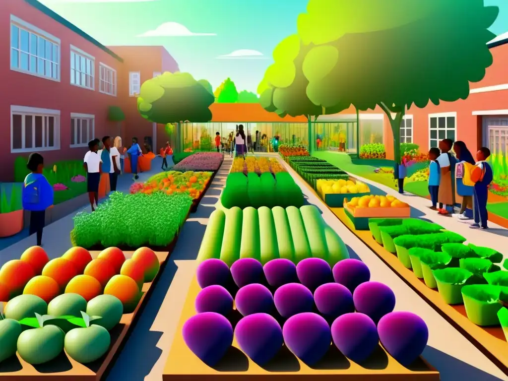 Un vibrante huerto escolar 8k con frutas, verduras y niños cuidando. <b>Beneficios huerta escolar nutrición.