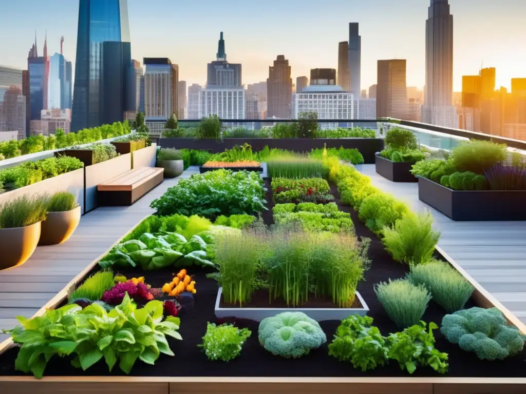 Jardín urbano orgánico en azotea, vibrante y sostenible Un vibrante huerto urbano orgánico en la ciudad, rodeado de rascacielos con luz solar filtrándose entre ellos.
