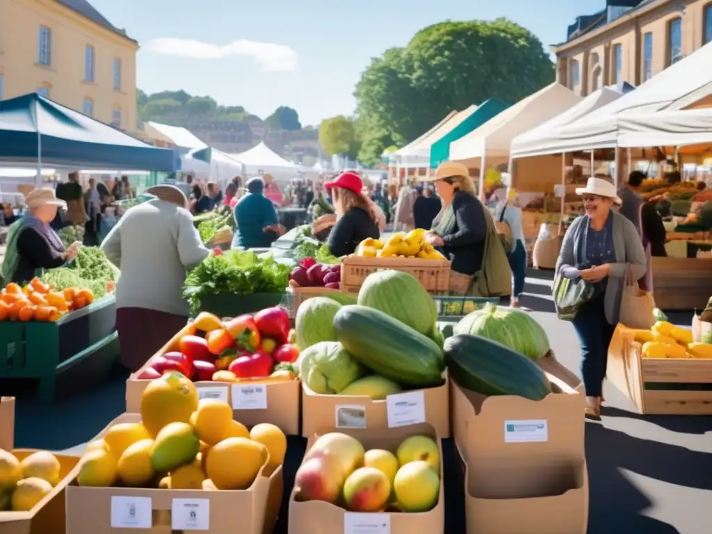 Mercado orgánico lleno de vida: productos frescos, comunidad y conexión Un vibrante mercado de agricultores rebosante de actividad y productos frescos y coloridos, bañado por la cálida luz del sol. La escena irradia comunidad y conexión, destacando la accesibilidad de la alimentación orgánica a través de circuitos cortos.