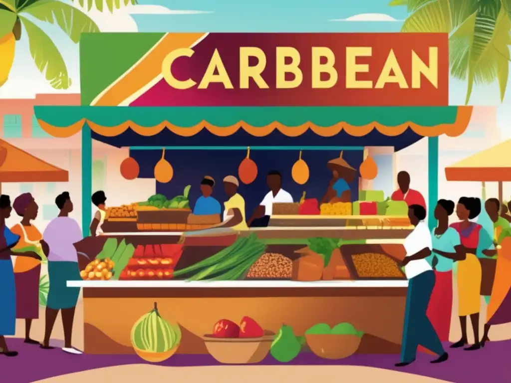 Un vibrante mercado caribeño, rebosante de productos coloridos y gente. <b>Refleja la influencia africana en cocina caribeña.