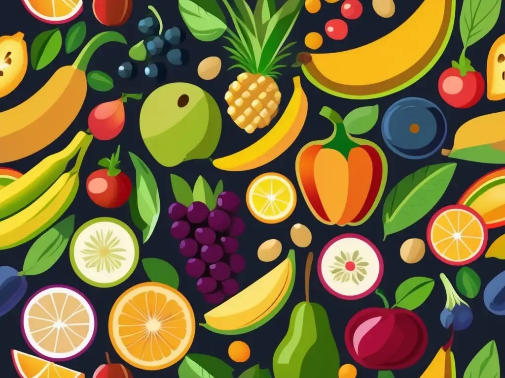 Una ilustración vibrante y moderna de una diversidad de frutas, vegetales, granos y legumbres, creando un patrón visualmente atractivo. <b>Los colores son ricos y variados, mostrando la belleza de los alimentos de origen vegetal y la abundancia de opciones disponibles.</b> La ilustración es det