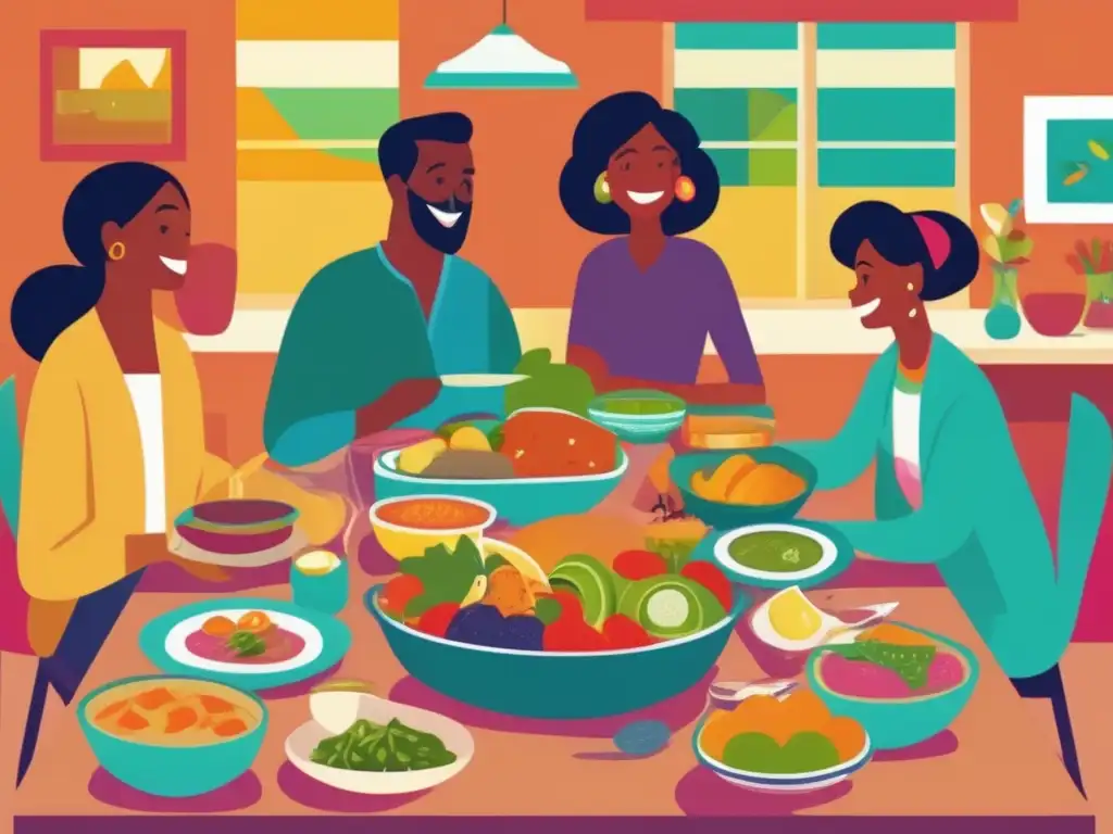 Una ilustración vibrante y moderna de una familia disfrutando de una comida tradicional con ingredientes frescos y saludables, transmitiendo una conexión profunda con la cultura alimentaria, la tradición y la salud.