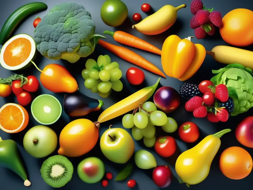Una ilustración vibrante y moderna de frutas y verduras coloridas, realistas y detalladas, transmitiendo energía y vitalidad. <b>Antioxidantes para la salud cerebral.