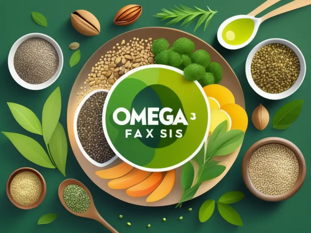 Una ilustración vibrante y moderna de fuentes veganas de Omega 3 como semillas de chía, linaza, cáñamo y nueces, con colores ricos y tonos verdes para reflejar la dieta vegana.
