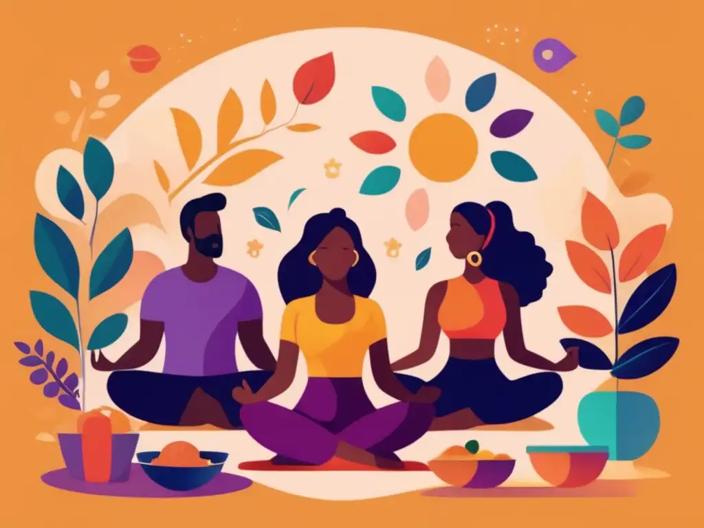 Una vibrante ilustración moderna de un grupo diverso de personas participando en actividades de autocuidado y estilo de vida saludable, como yoga, meditación, cocina de comidas nutritivas y disfrute de la naturaleza. La imagen irradia positividad, vitalidad e inclusión, con un enfoque en el bienestar general